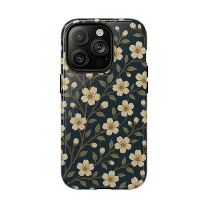 Navy Cherry Blossom Floral iPhone Case - Compatible with MagSafe