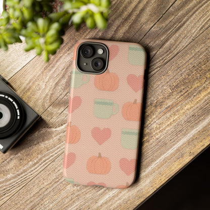 Autumn Cozy iPhone Case – Pumpkin, Heart & Coffee Cup Pattern