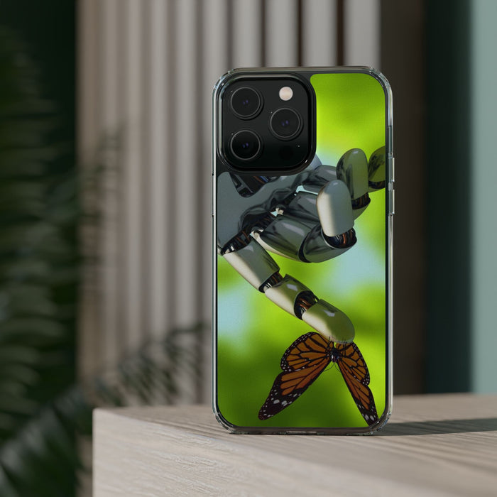 Clear Cases for iPhone 14 Series with Robotic hand and Butterfly.
