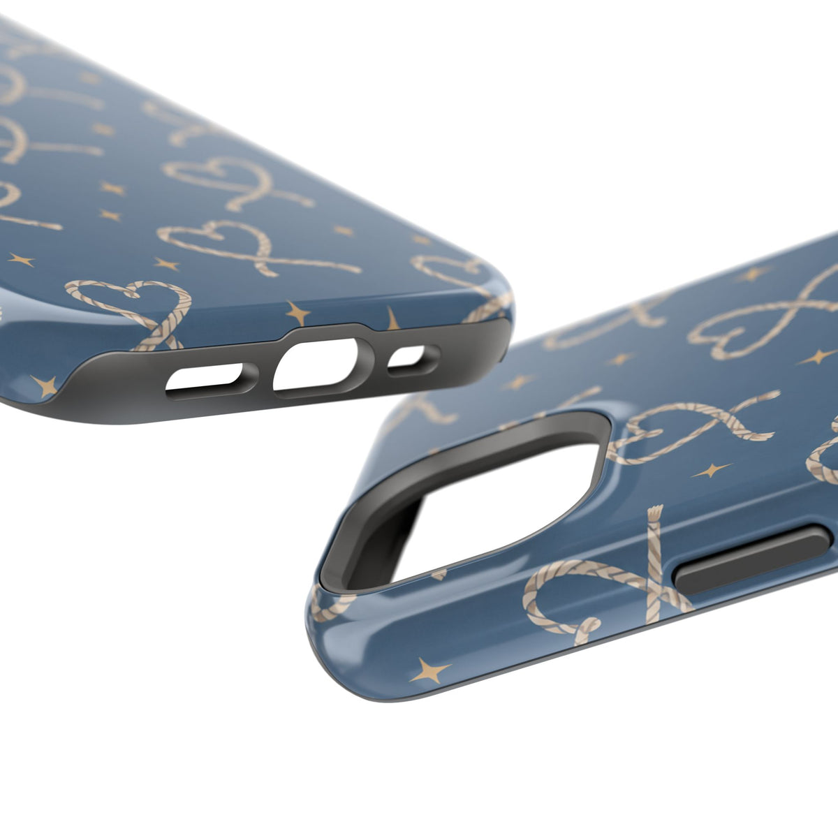 Lasso Hearts – Blue Western Heart MagSafe Phone Case, glossy diagonal dual-camera model, port openings and edge details
