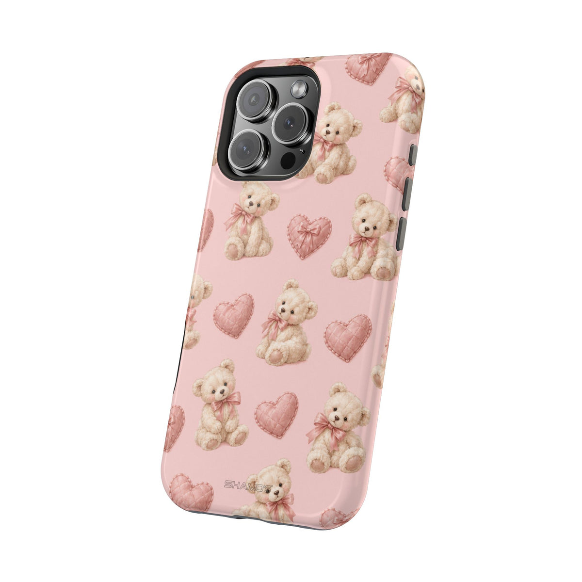 Pink Teddy Hearts Love iPhone Case, Impact-Resistant MagSafe Compatible