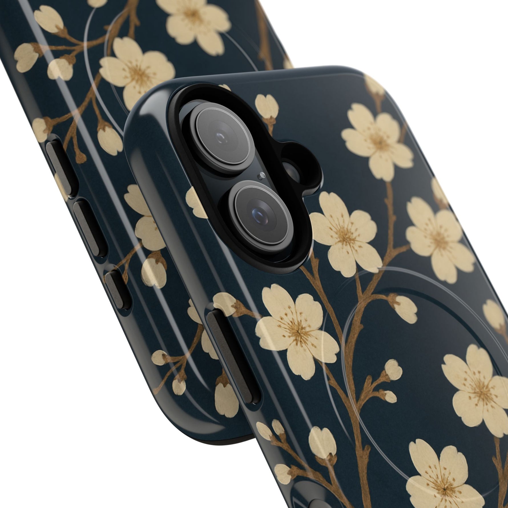 Navy Cherry Blossom Floral iPhone Case - Compatible with MagSafe - Shamo's