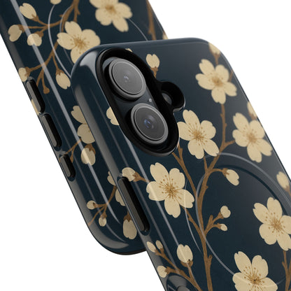 Navy Cherry Blossom Floral iPhone Case - Compatible with MagSafe