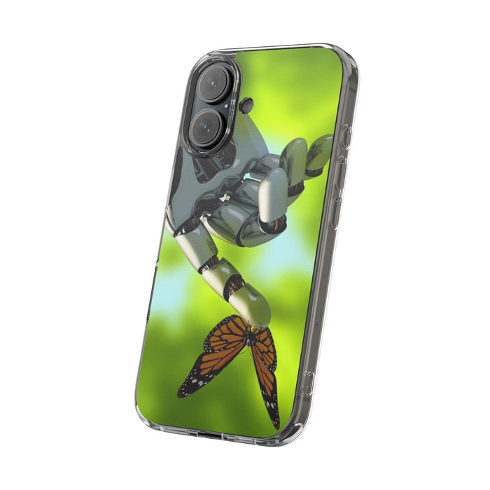 Clear Cases for iPhone 14 Series with Robotic hand and Butterfly.