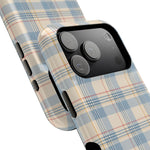Ranch Check – Blue and Cream Plaid MagSafe Phone Case, glossy compact wide-camera Pro model, camera and side-button close-up
