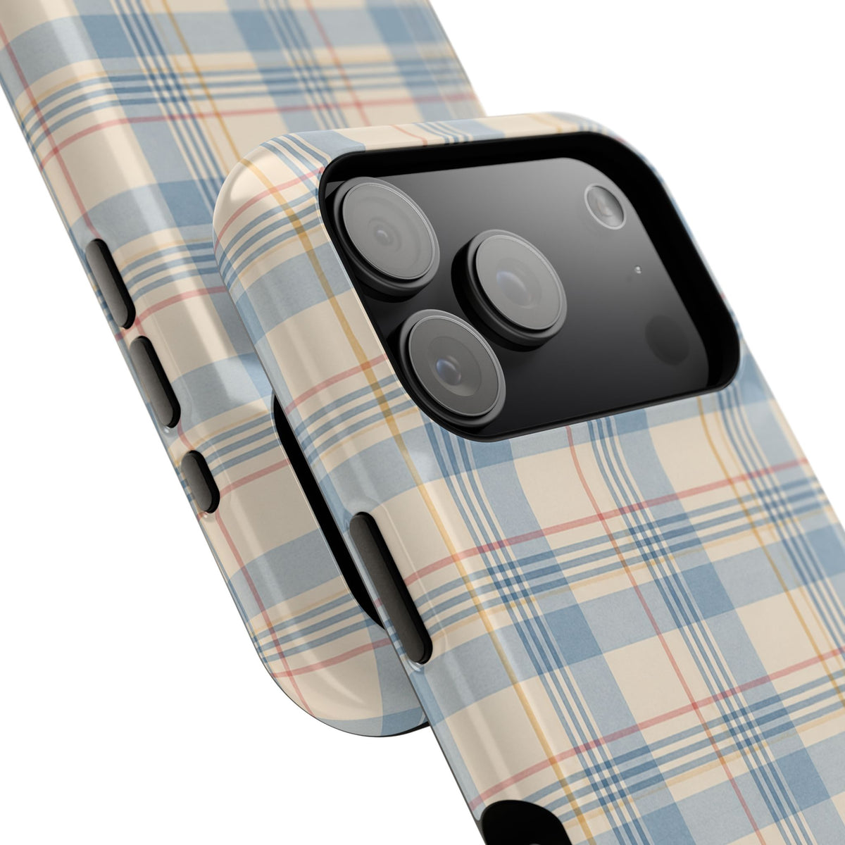 Ranch Check – Blue and Cream Plaid MagSafe Phone Case, glossy compact wide-camera Pro model, camera and side-button close-up