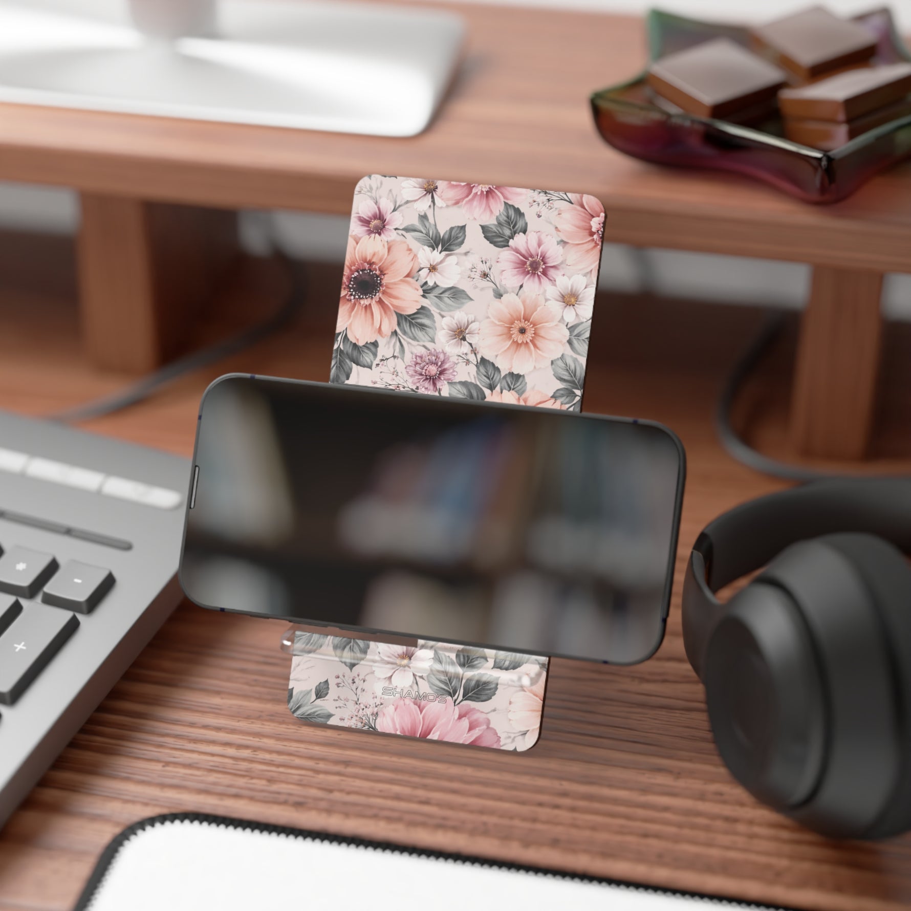 Floral Phone Stan, Pink Vintage Flower Mobile Display Stand - 2.8" x 5.9" / Glossy - Shamo's