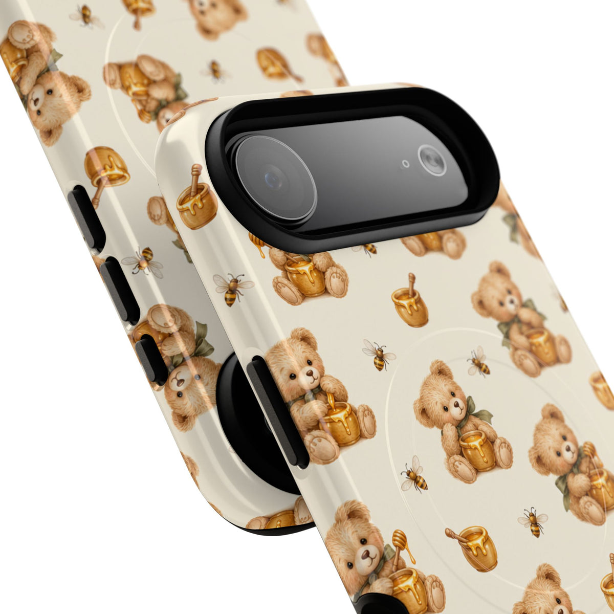 Honingknuffelbeer iPhone-hoesje — ontwerp met gele bij en honingpot met MagSafe