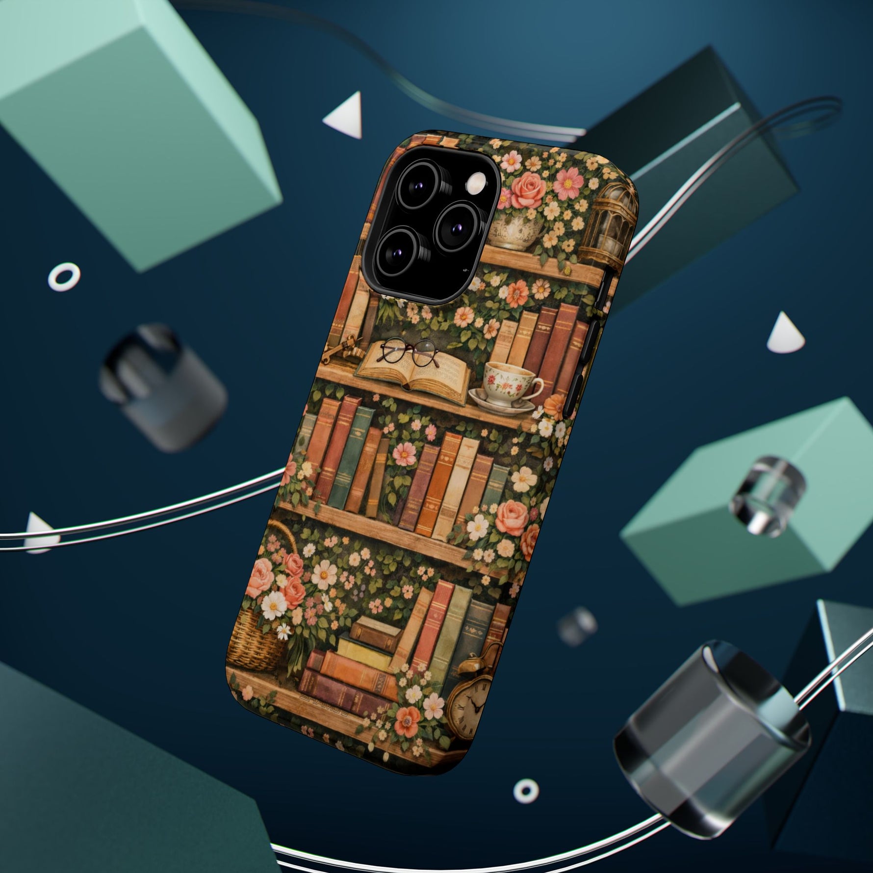 Floral Bookshelf iPhone Case — MagSafe Magnetic, Impact-Resistant