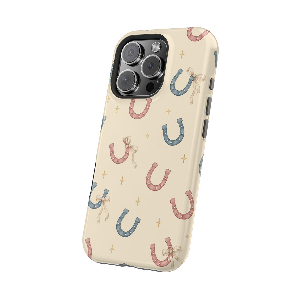 Prairie Horseshoes MagSafe Phone Case, glossy square triple-camera Pro model, angled rear view