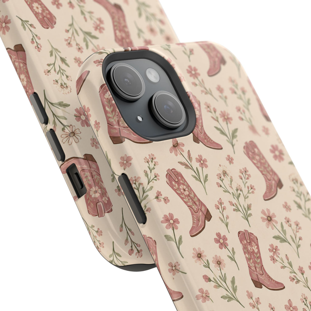 Floral Boots MagSafe Phone Case, glossy diagonal dual-camera model, camera and side-button close-up
