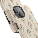 Desert Diamonds – Pastel Geometric Pattern MagSafe Phone Case, glossy diagonal dual-camera model, camera and side-button close-up