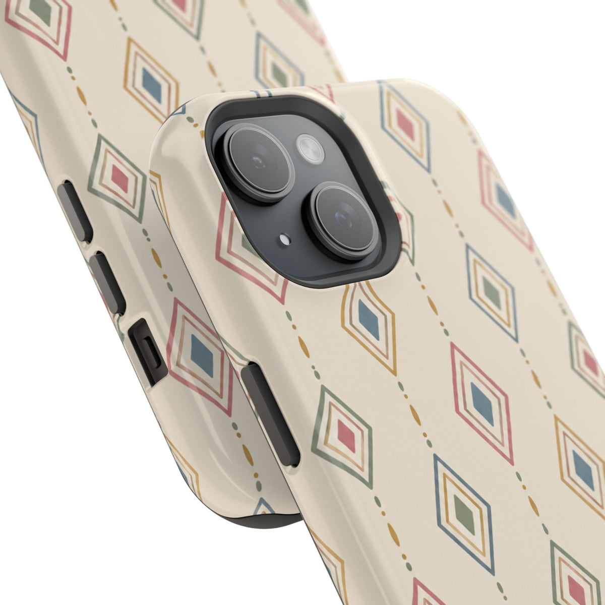 Desert Diamonds – Pastel Geometric Pattern MagSafe Phone Case, glossy diagonal dual-camera model, camera and side-button close-up