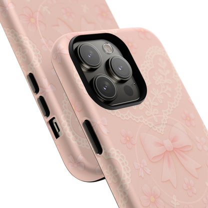 Balletcore Pink Floral Lace iPhone Case with Bow | Works with MagSafe