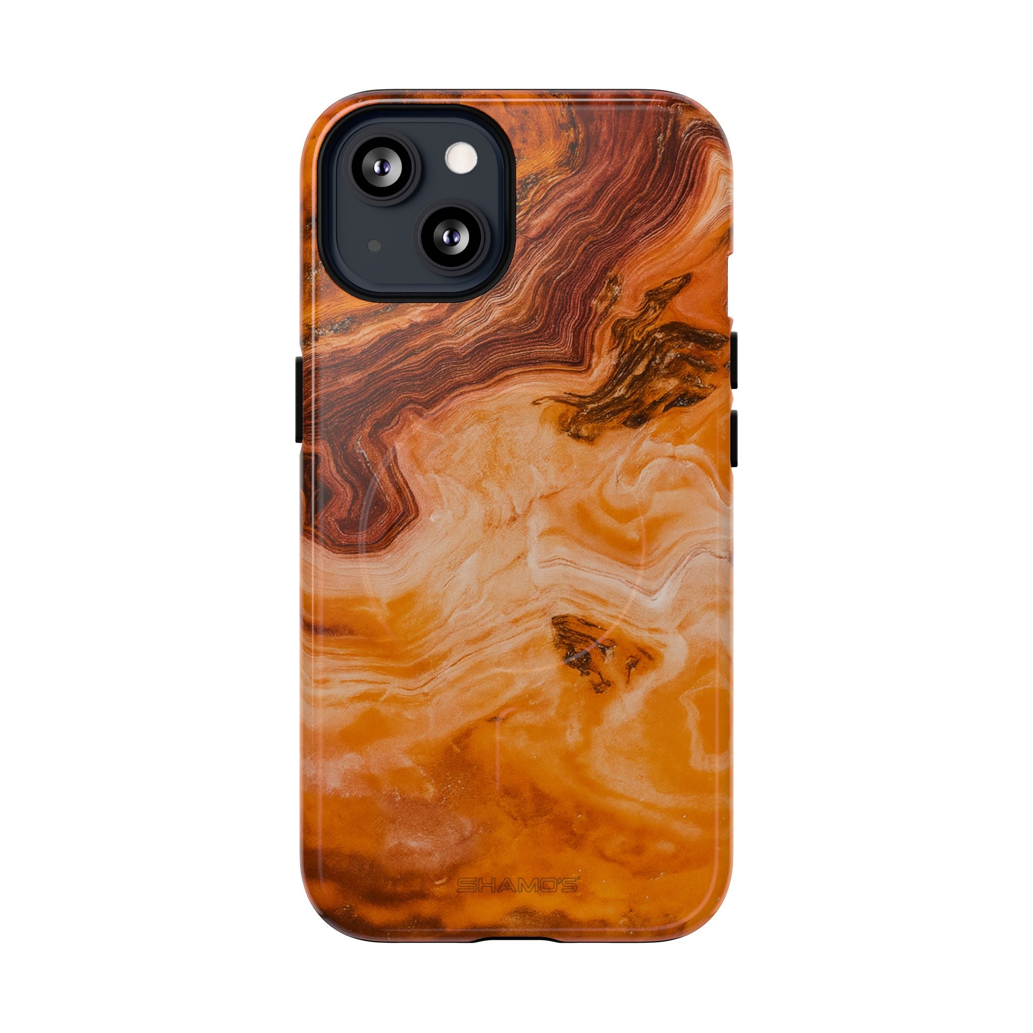 Phone case with swirling amber, orange, and brown agate-style pattern #iphone-13