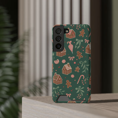 Holiday Gingerbread Phone Case with Card Holder — Festive Green Candy Cane Design