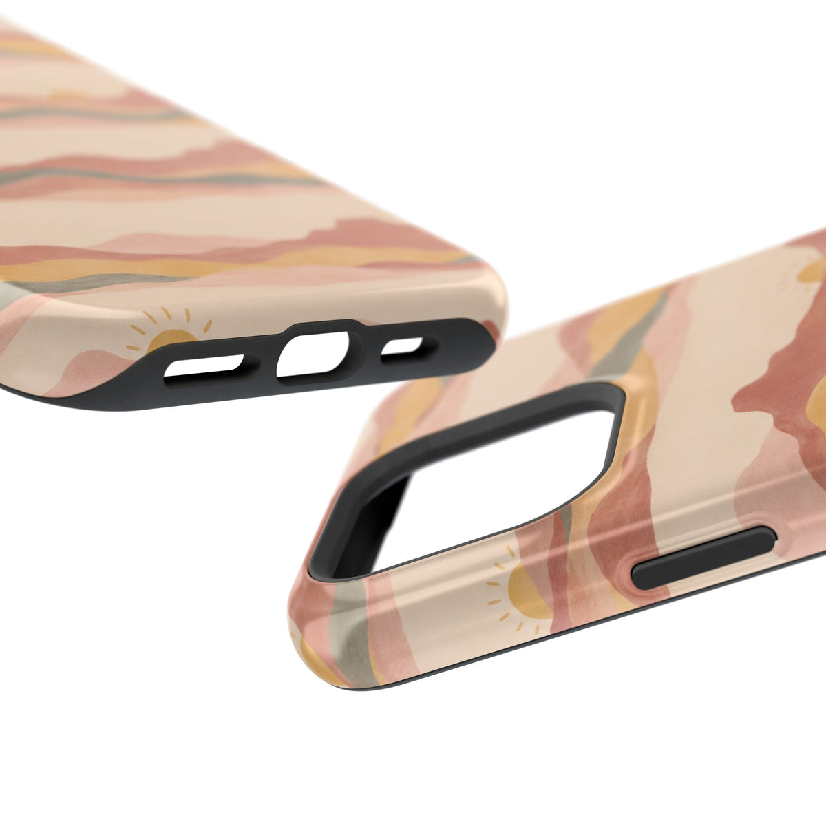 Sunset Trails – Desert Landscape MagSafe Phone Case, glossy square triple-camera Pro model, port openings and edge details