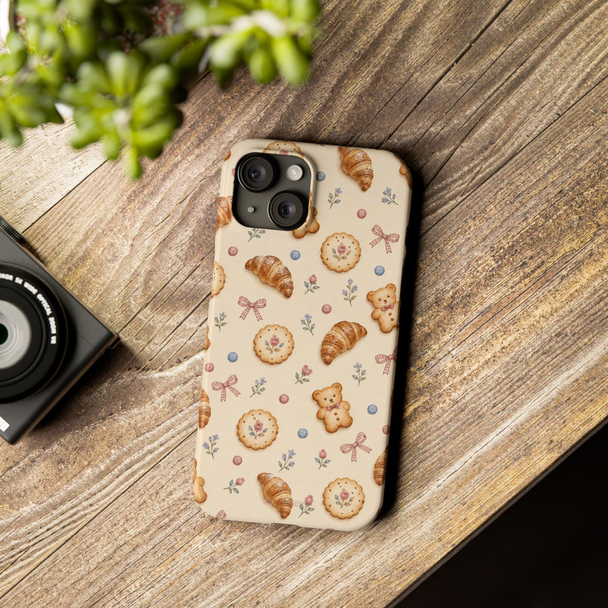 Slanke iPhone-hoes — knus bak- en teddybeerpatroon (recept, hert, knopen)