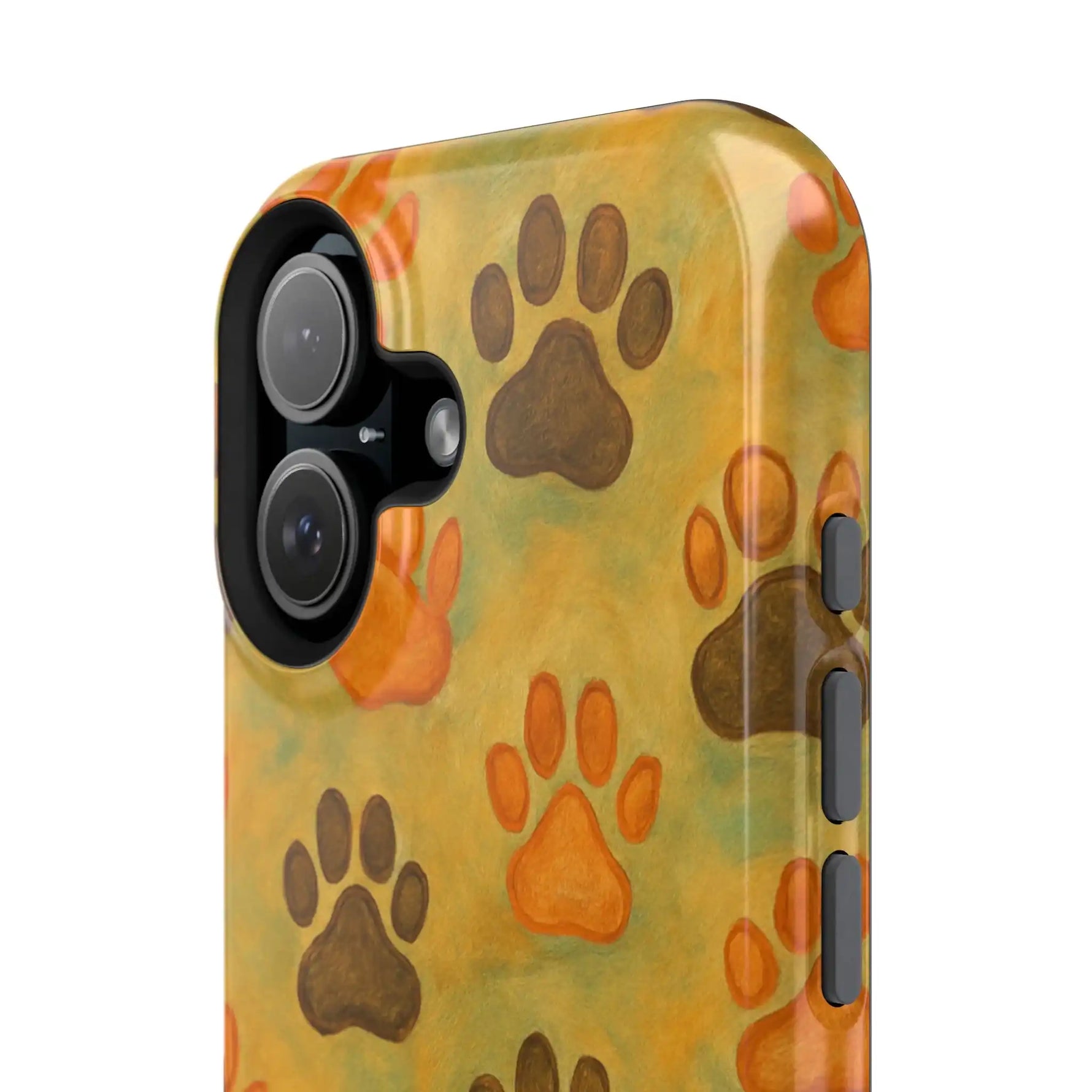 Close-up of phone case with brown and orange paw prints on yellow background fits dual camera variant