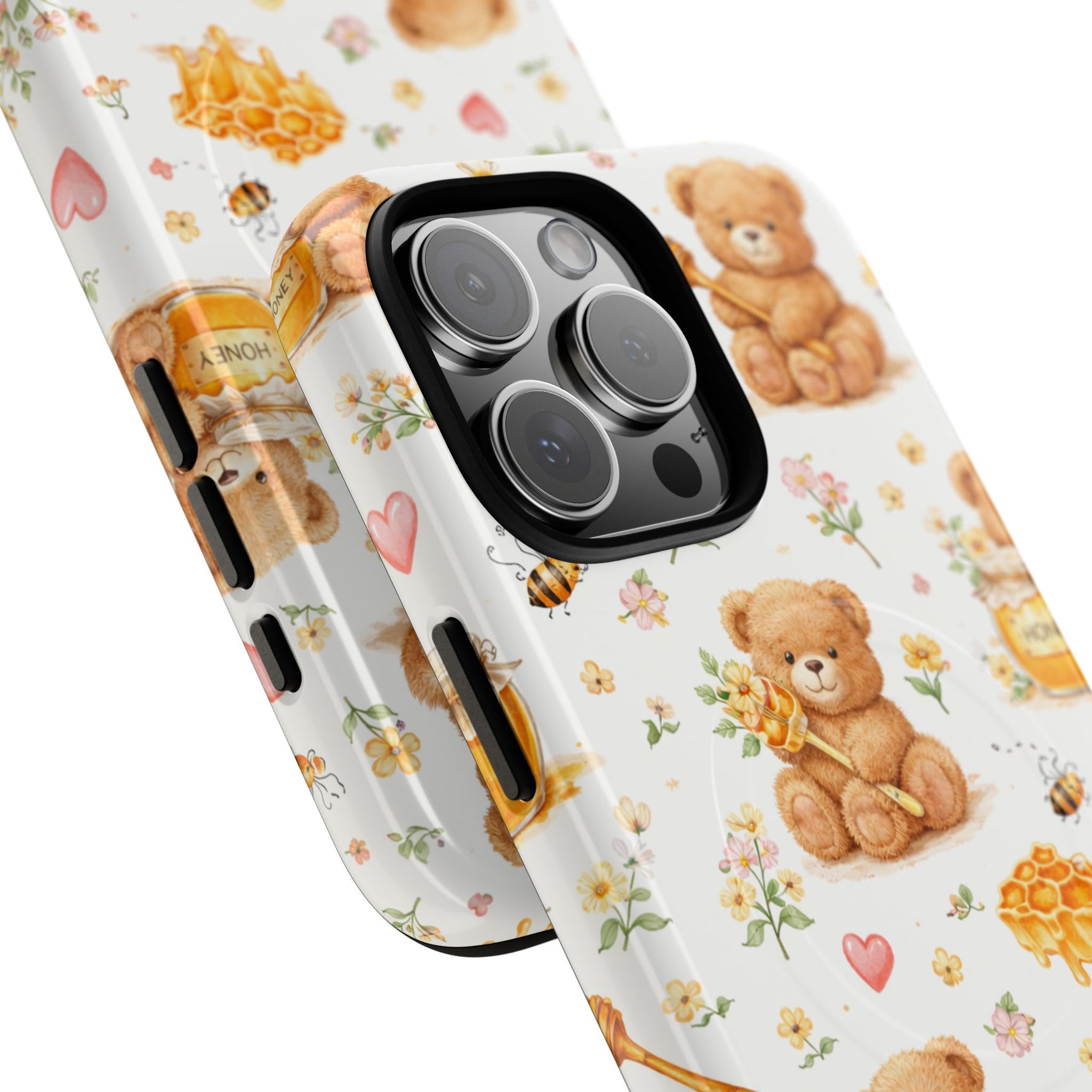 Honey Teddy Bear iPhone Case — Yellow Bee & Honey Pot Design with MagSafe