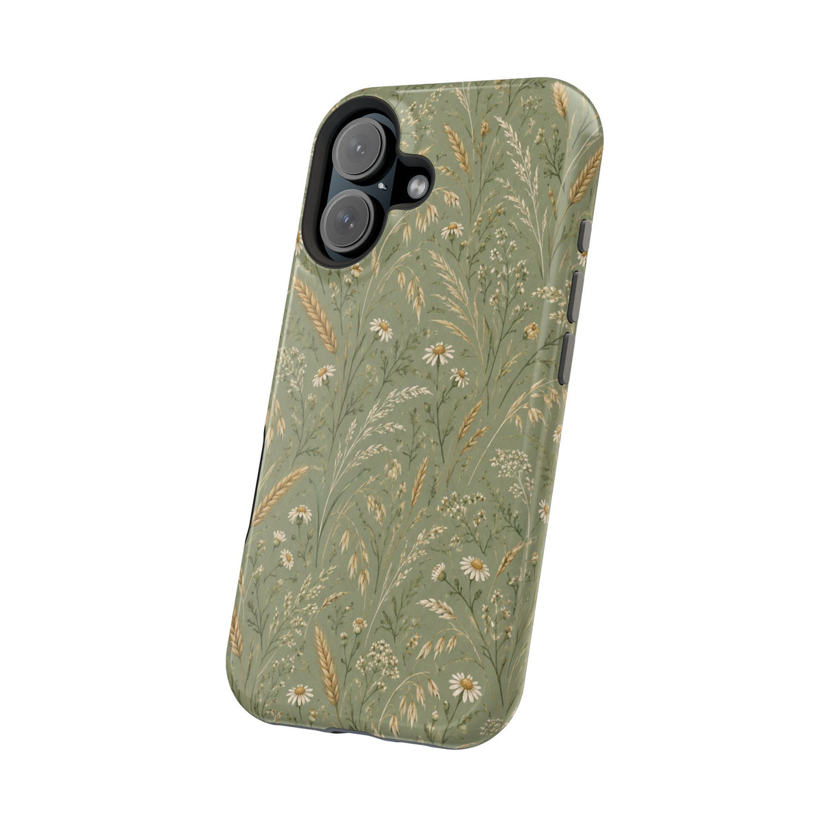 Golden Meadow – Sage Green Wildflower MagSafe Phone Case, glossy vertical dual-camera model, angled rear view