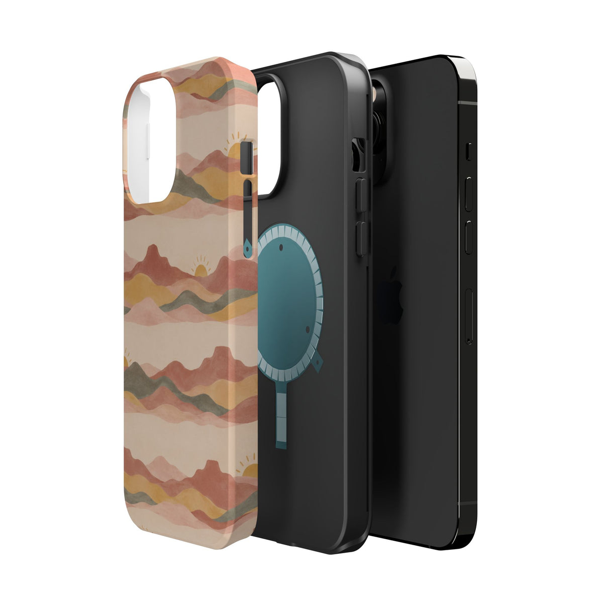Sunset Trails – Desert Landscape MagSafe Phone Case, glossy square triple-camera Pro model, exploded shell and liner with magnetic ring