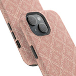 Meadow Lace – Blush Pink Lace Pattern MagSafe Phone Case, glossy diagonal dual-camera model, camera and side-button close-up