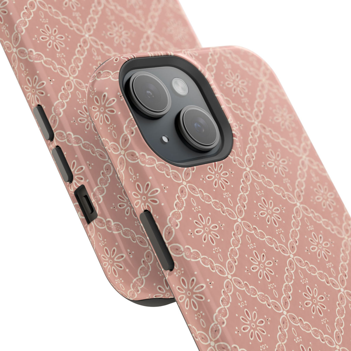 Meadow Lace – Blush Pink Lace Pattern MagSafe Phone Case, glossy diagonal dual-camera model, camera and side-button close-up