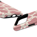 Rose Cowprint – Pink Cow Print MagSafe Phone Case, glossy wide-camera Pro Max model, port openings and edge details