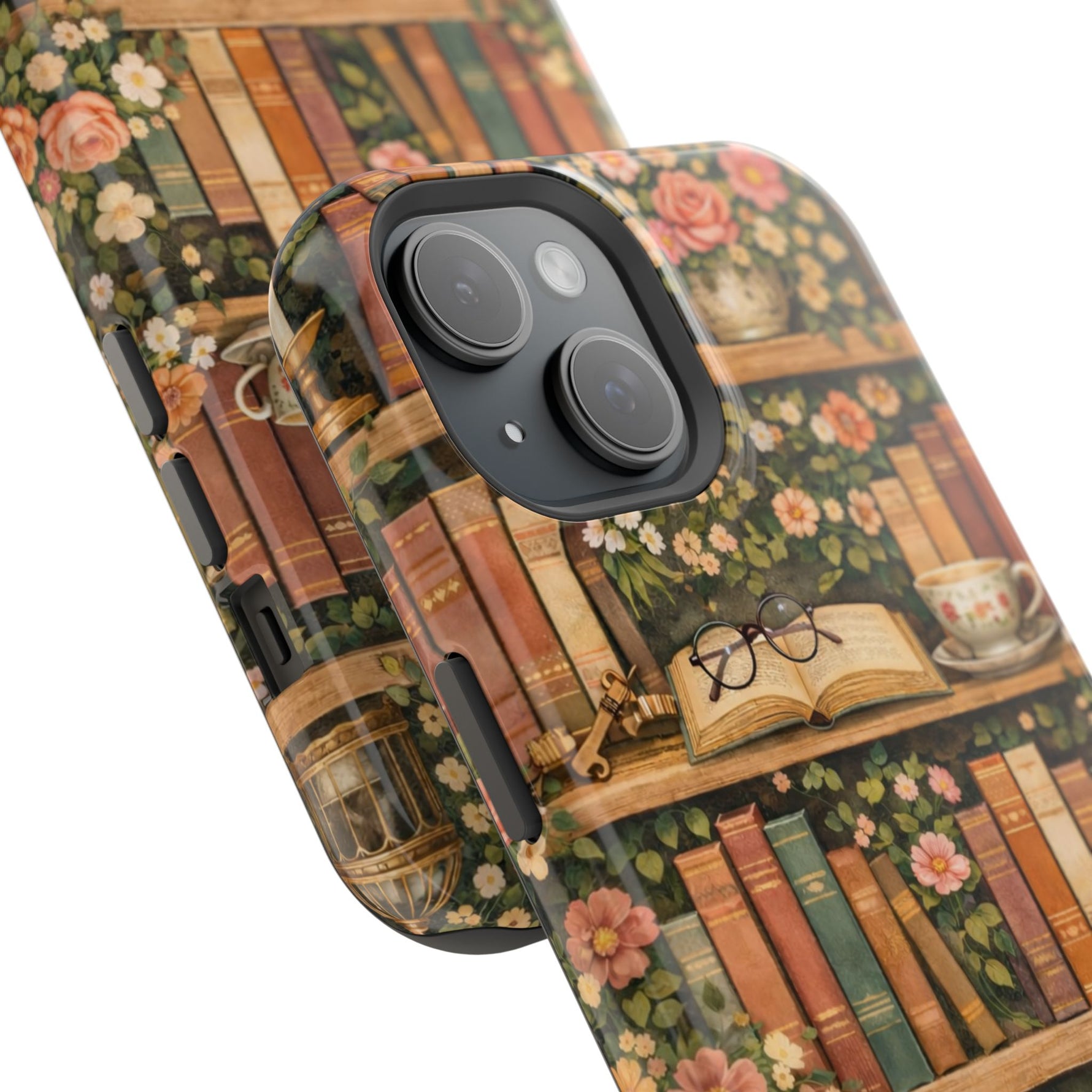 Floral Bookshelf iPhone Case — MagSafe Magnetic, Impact-Resistant