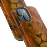 Close-up of two smartphone cases with detailed lion face design, showing camera cutout and side buttons, variant size