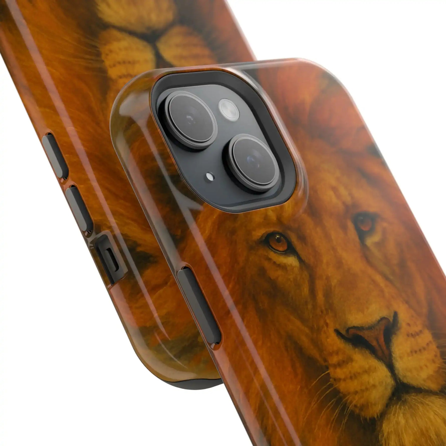 Close-up of two smartphone cases with detailed lion face design, showing camera cutout and side buttons, variant size