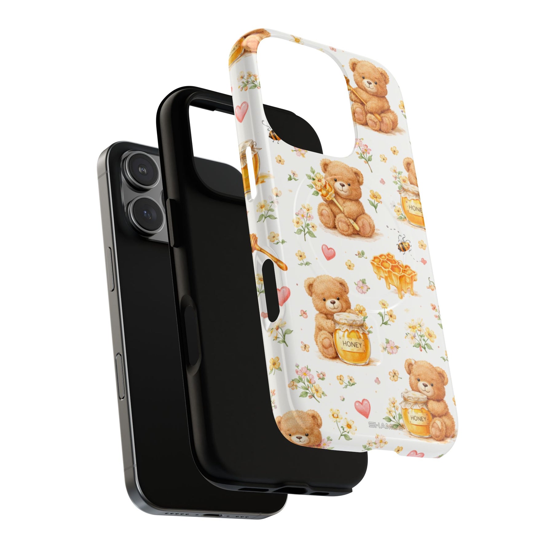 Honey Teddy Bear iPhone Case — Yellow Bee & Honey Pot Design with MagSafe