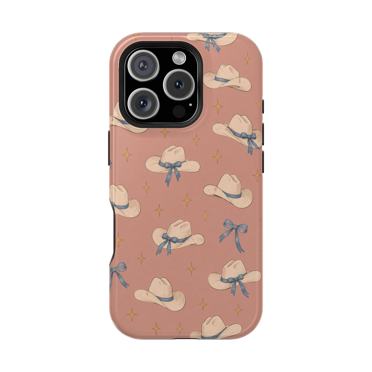 Ribbon Rodeo – Cowgirl Hat and Bow MagSafe Phone Case, Pink, glossy iPhone 16 Pro, rear view