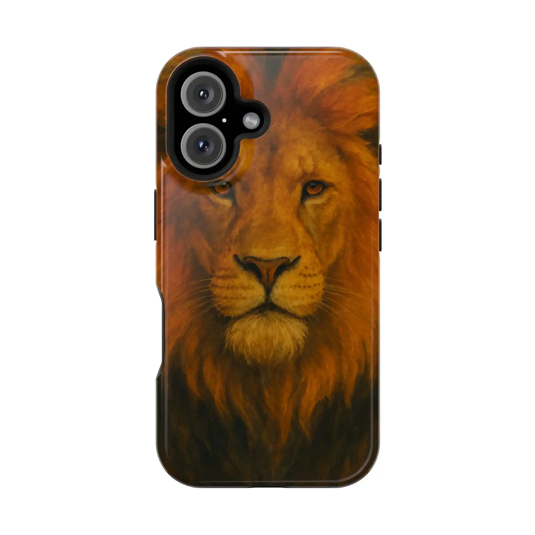 iPhone 14 Pro phone case with close-up lion face design in vibrant orange and black colors, variant size shown