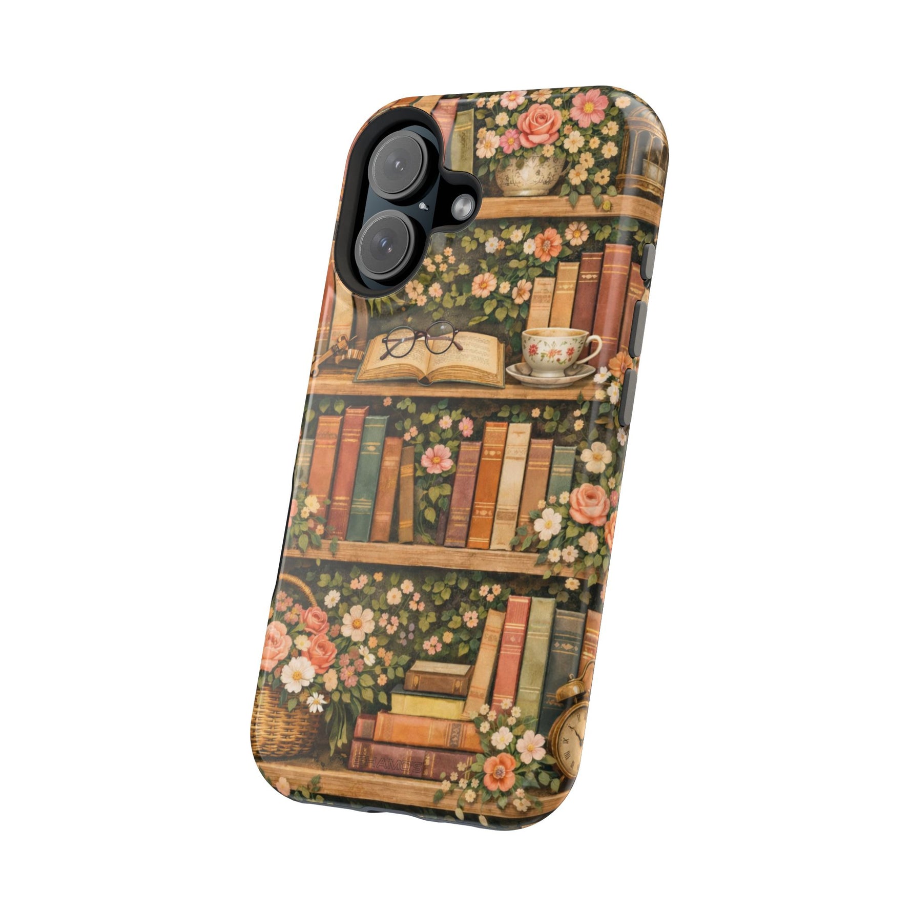 Floral Bookshelf iPhone Case — MagSafe Magnetic, Impact-Resistant
