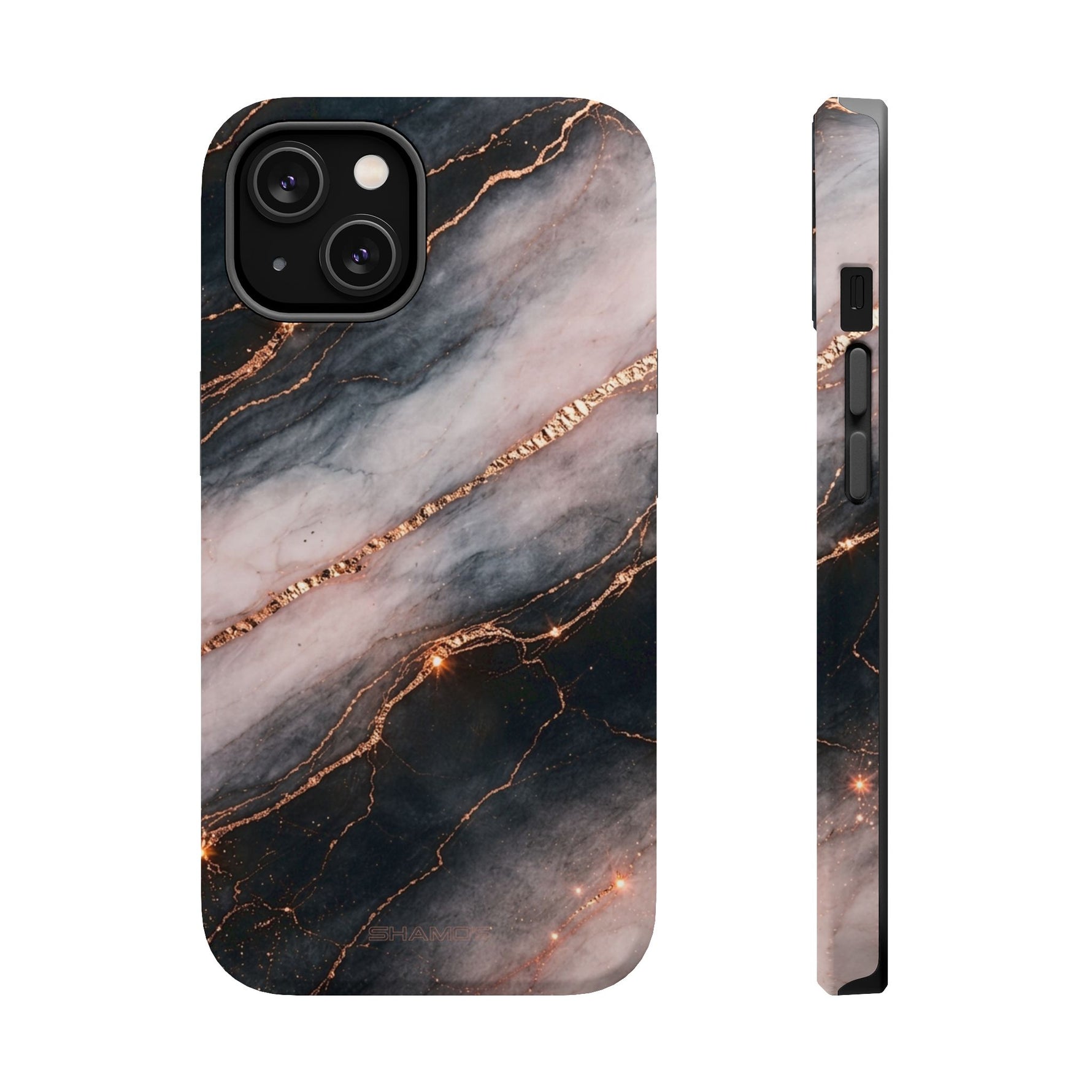 Marbled Black & Rose Gold Magnetic MagSafe Compatible Phone Case — Impact-Resistant