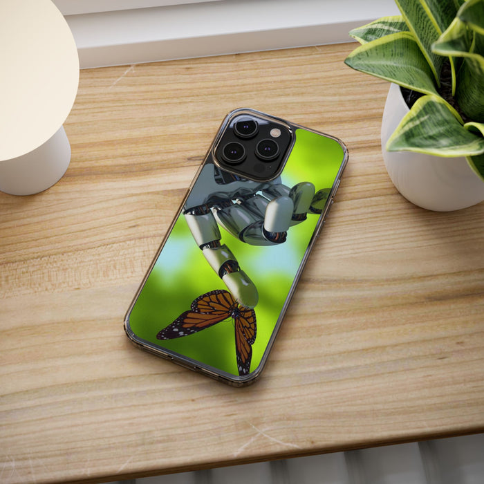 Clear Cases for iPhone 14 Series with Robotic hand and Butterfly.