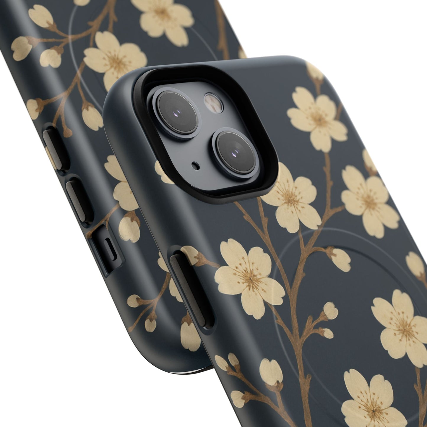 Navy Cherry Blossom Floral iPhone Case - Compatible with MagSafe