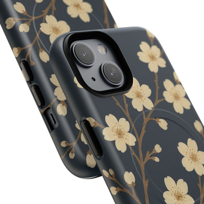 Navy Cherry Blossom Floral iPhone Case - Compatible with MagSafe