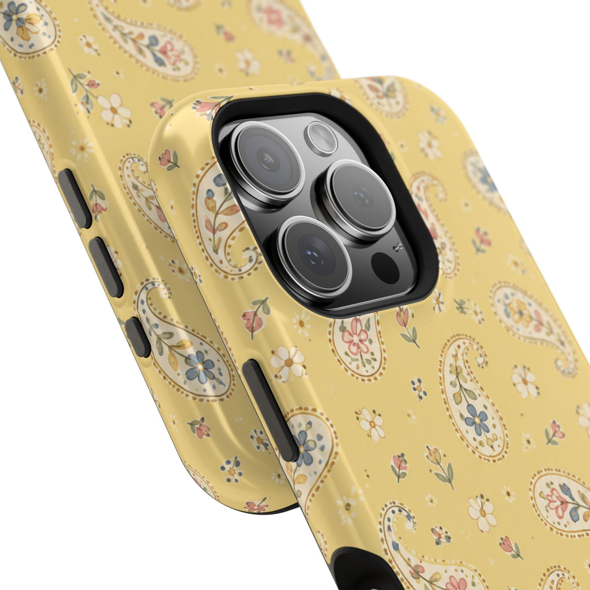 Honey Paisley MagSafe Phone Case, glossy square triple-camera Pro model, camera and side-button close-up