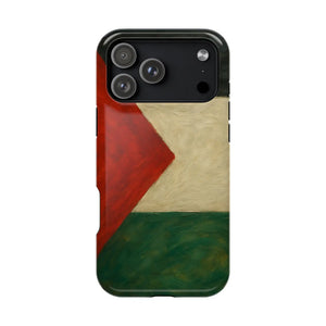 iPhone 14 Pro Max phone case with textured Palestinian flag design showing red, white, and green colors