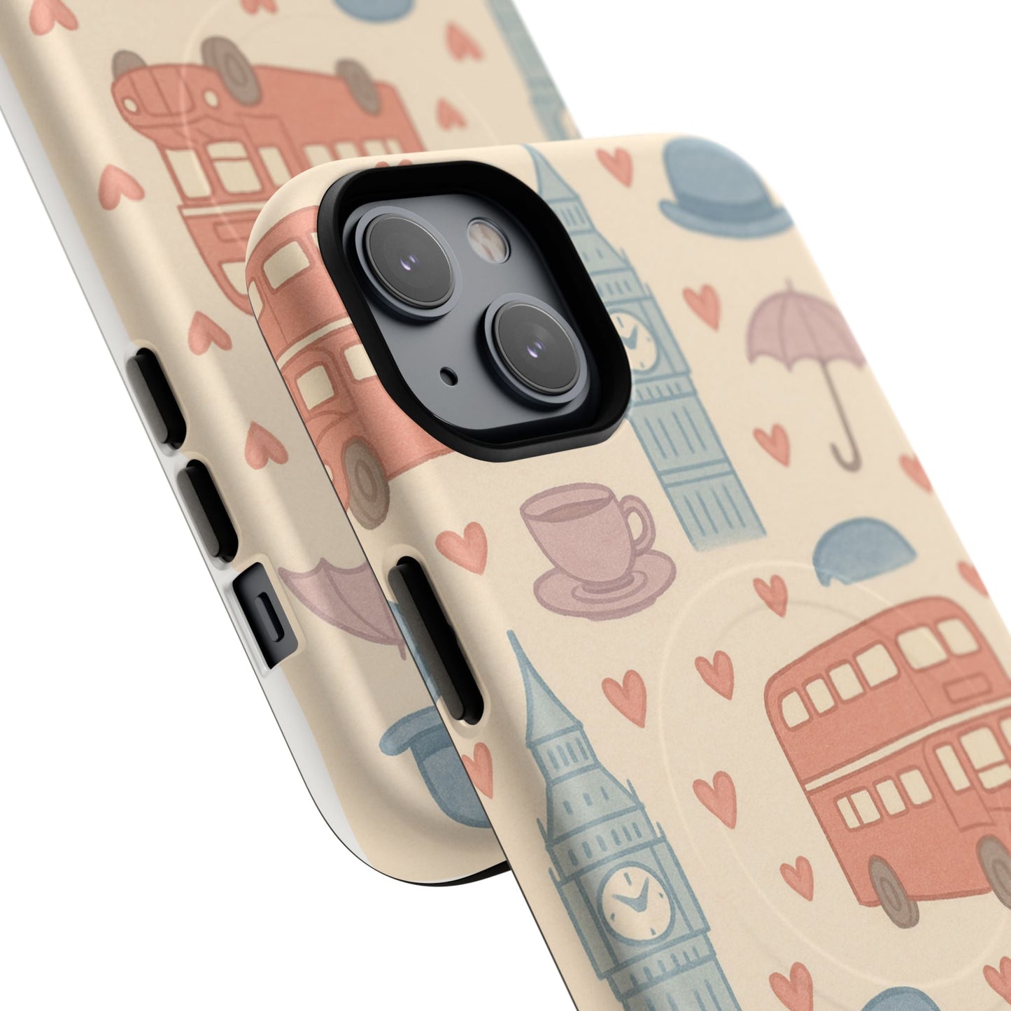 London Icons Hand-Drawn iPhone Case — Cute Double-Decker Bus & Big Ben Pattern with MagSafe compatibility