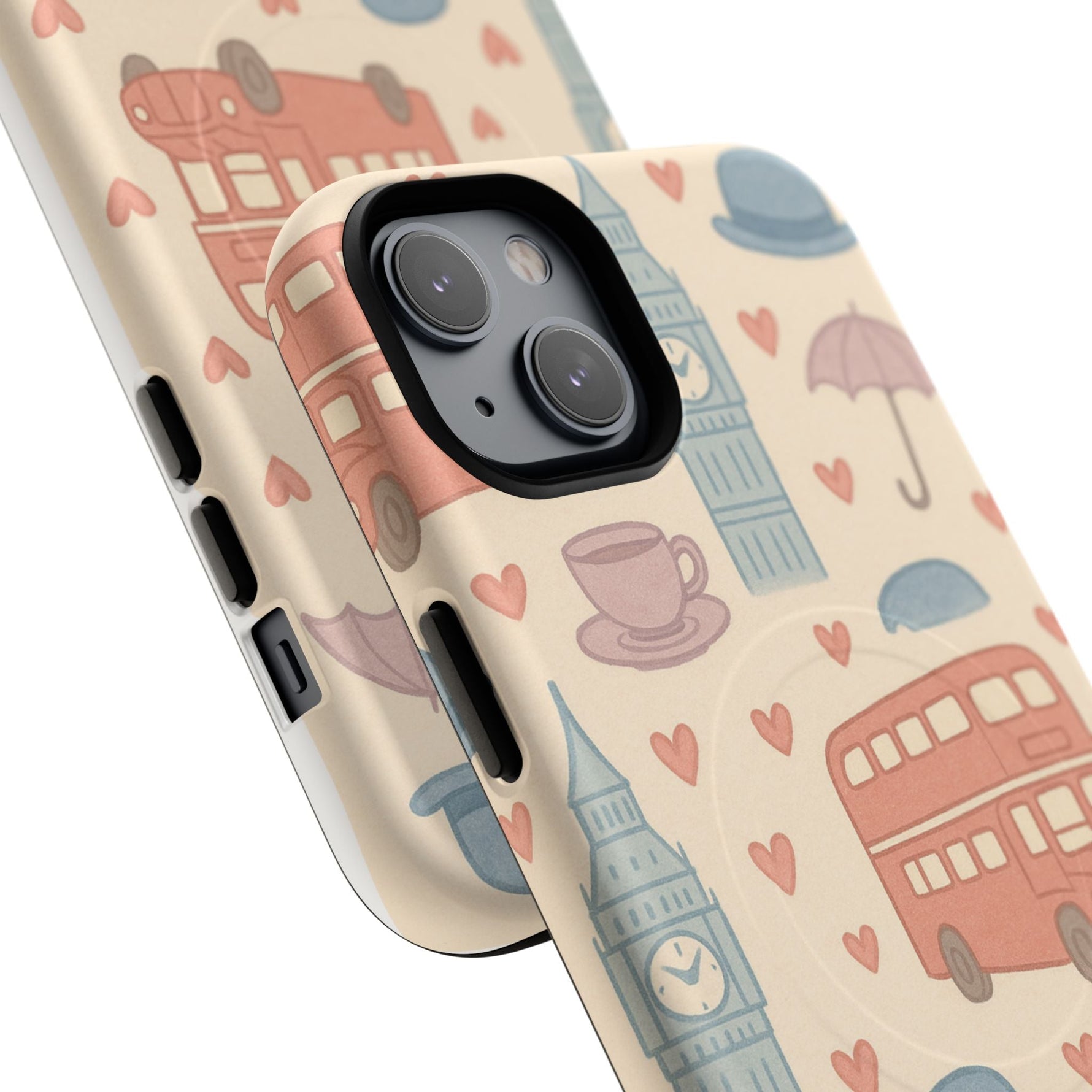 London Icons Hand-Drawn iPhone Case — Cute Double-Decker Bus & Big Ben Pattern with MagSafe compatibility  Shamo's