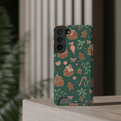 Holiday Gingerbread Phone Case with Card Holder — Festive Green Candy Cane Design