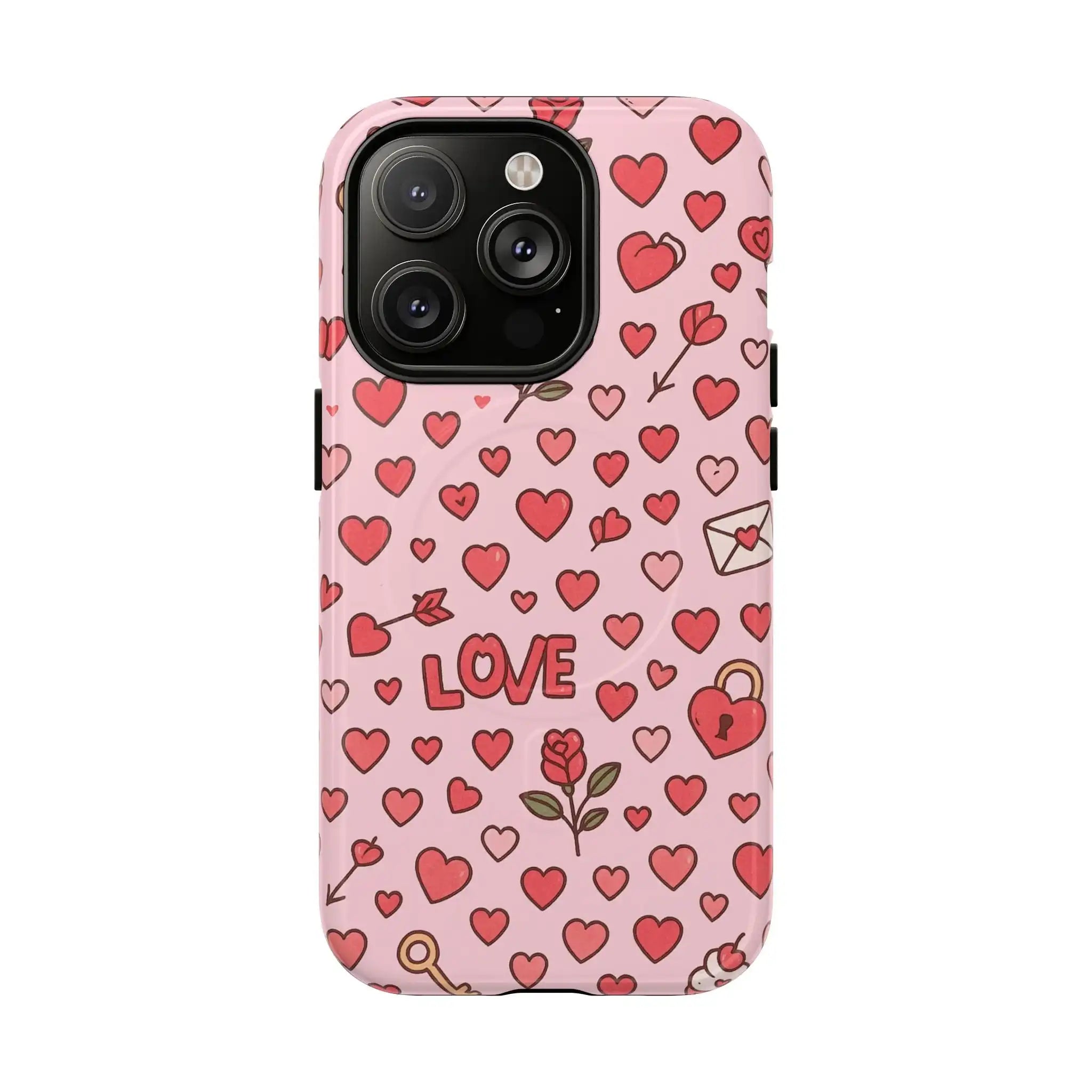 Pink Love Hearts Pattern Tough iPhone Case (MagSafe compatible)  Shamo's iPhone 14 Pro / Glossy