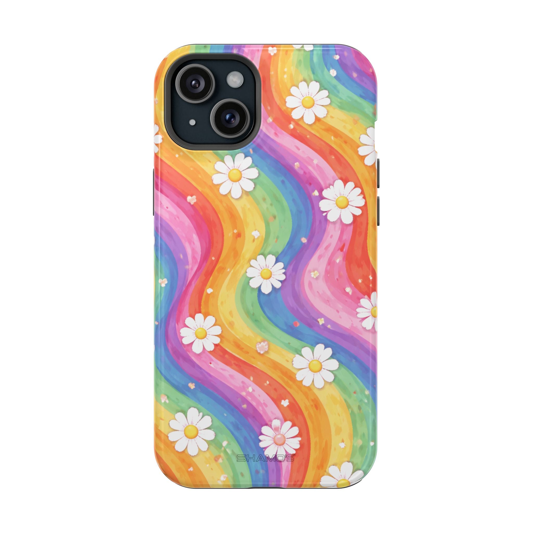 Phone case with flowing rainbow-colored stripes and small white daisies
