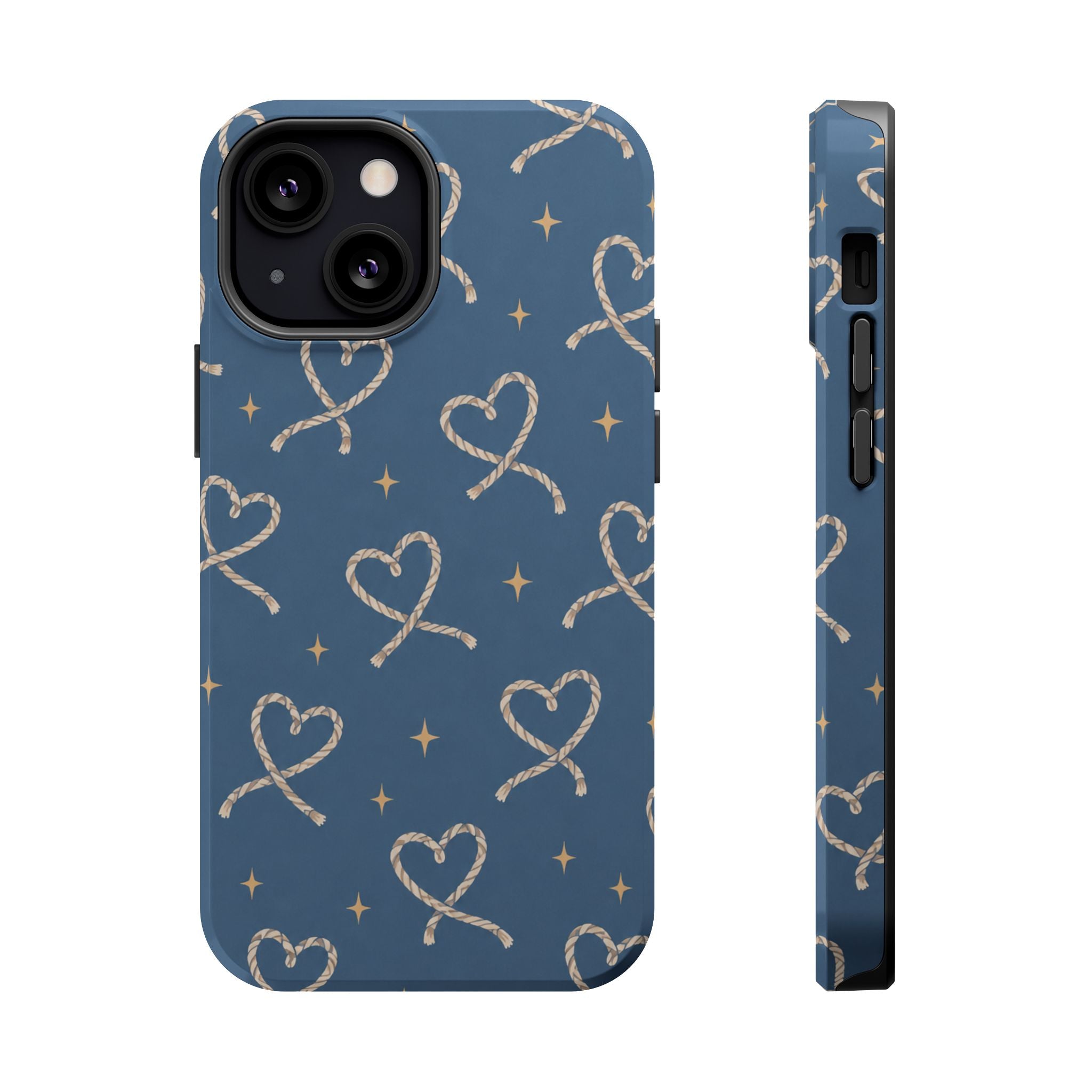 Lasso Hearts – Blue Western Heart MagSafe Phone Case, glossy iPhone 13 Mini, rear and side profile