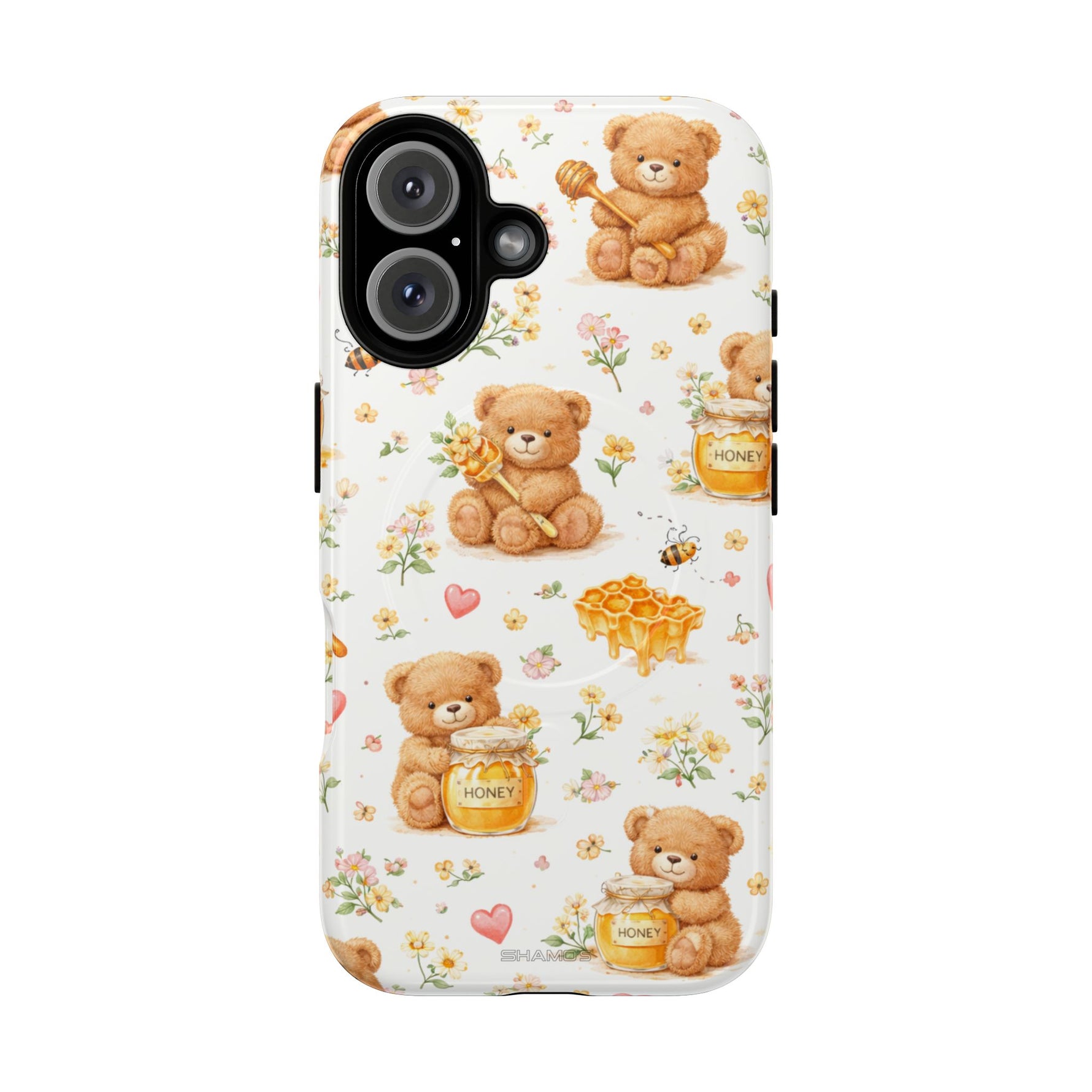 Honey Teddy Bear iPhone Case — Yellow Bee & Honey Pot Design with MagSafe