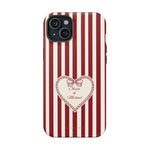Funda personalizada a rayas — Diseño de corazón rojo y blanco (nombres personalizados)